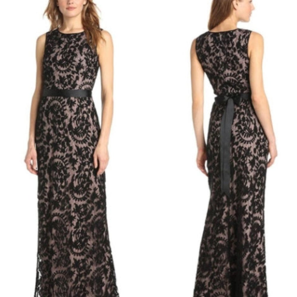 Adrianna Papell Mermaid Black Lace Maxi Gown Dress